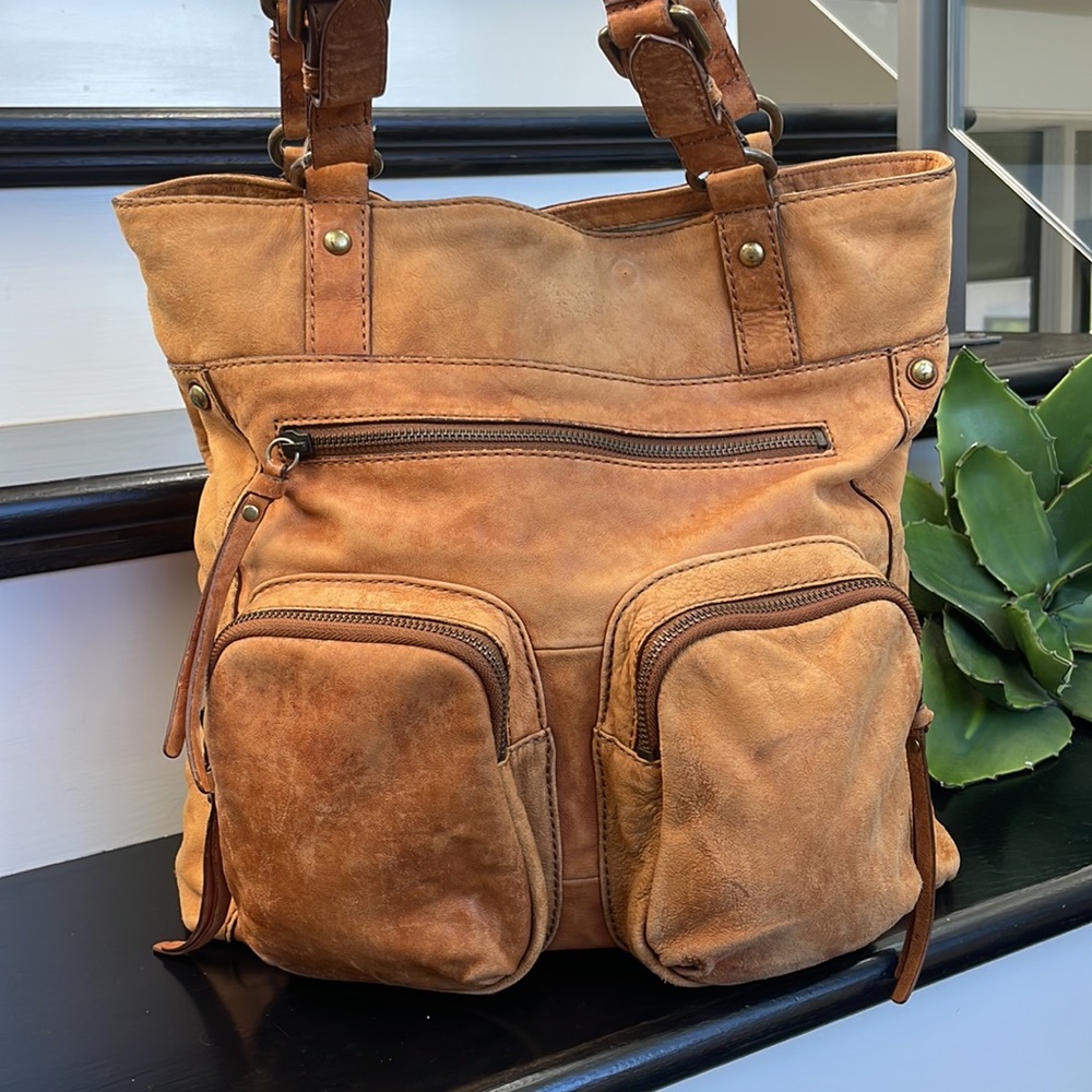 Fossil Tan Leather Tote with Front Pockets